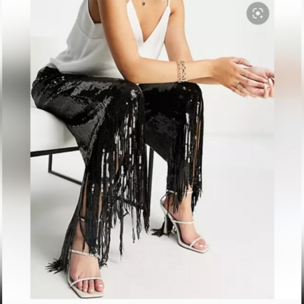 Love highlight black sequin, fringe pants, small - Picture 1 of 12